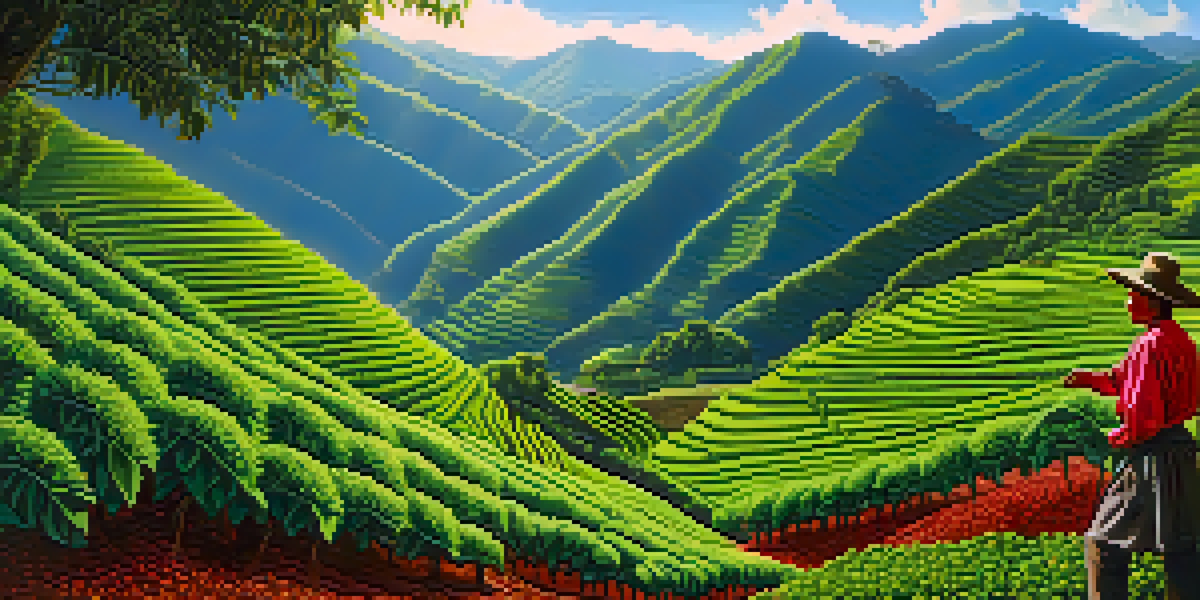 A scenic view of a coffee farm in the Andes mountains of Peru, with a farmer tending to coffee plants bearing ripe cherries under a bright blue sky.
