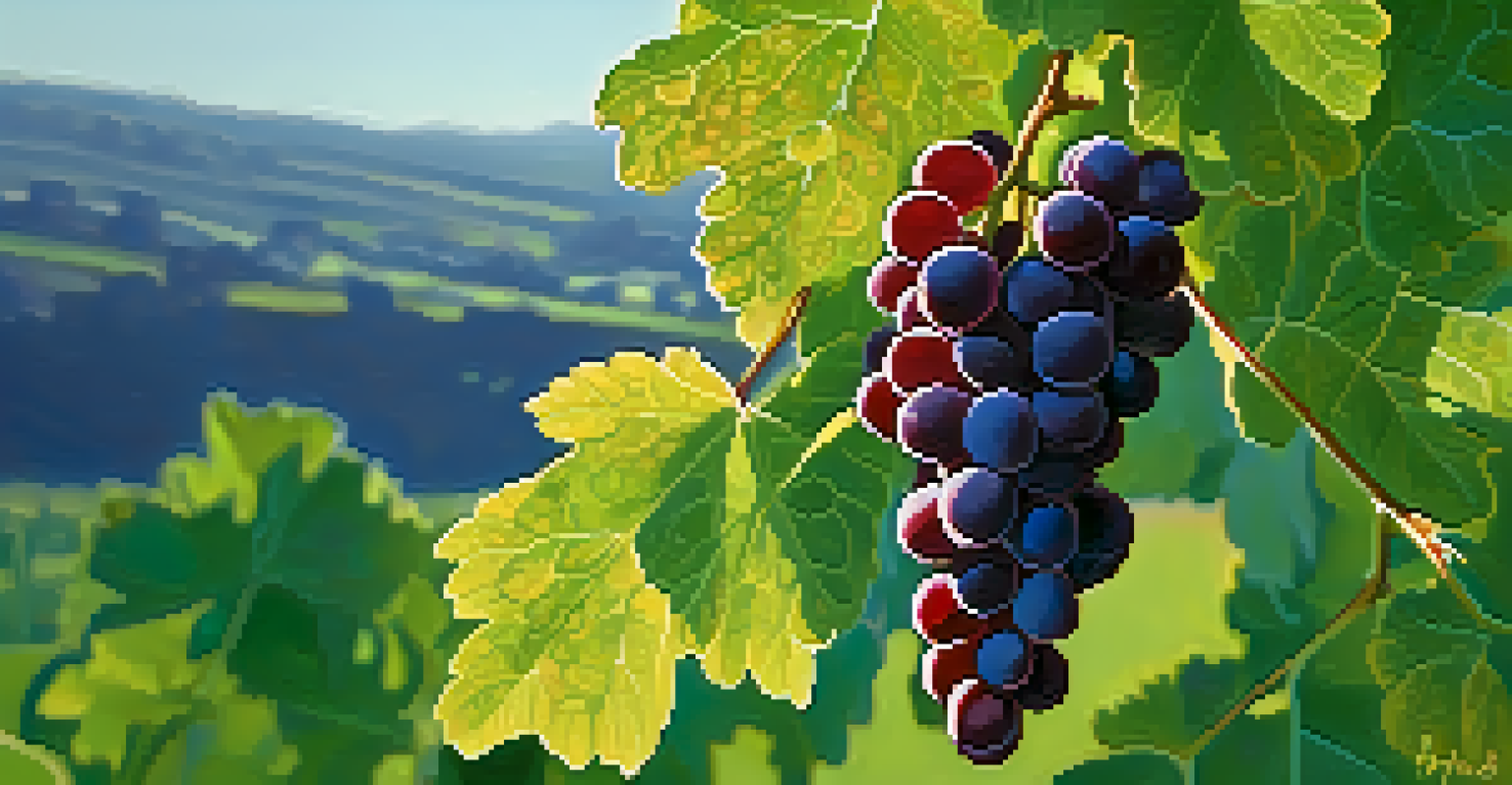 Close-up of Quebranta grapes on the vine, glistening with dew against green leaves.