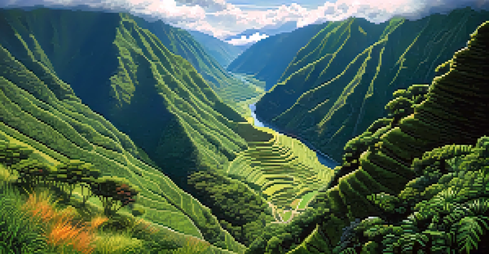 A scenic view of the Inca Trail with lush mountains and the Urubamba River, featuring soft morning light and distant hikers.