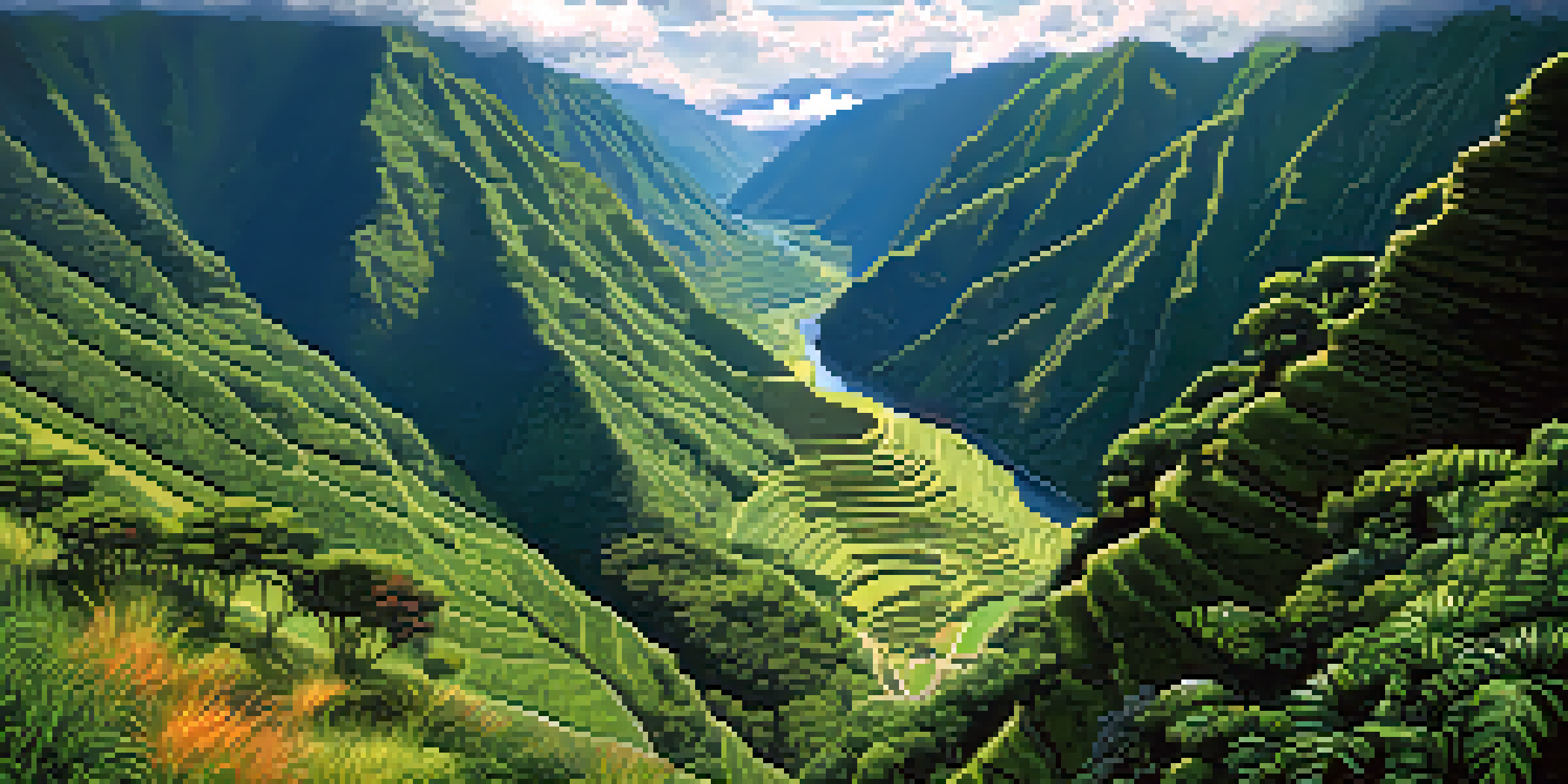 A scenic view of the Inca Trail with lush mountains and the Urubamba River, featuring soft morning light and distant hikers.