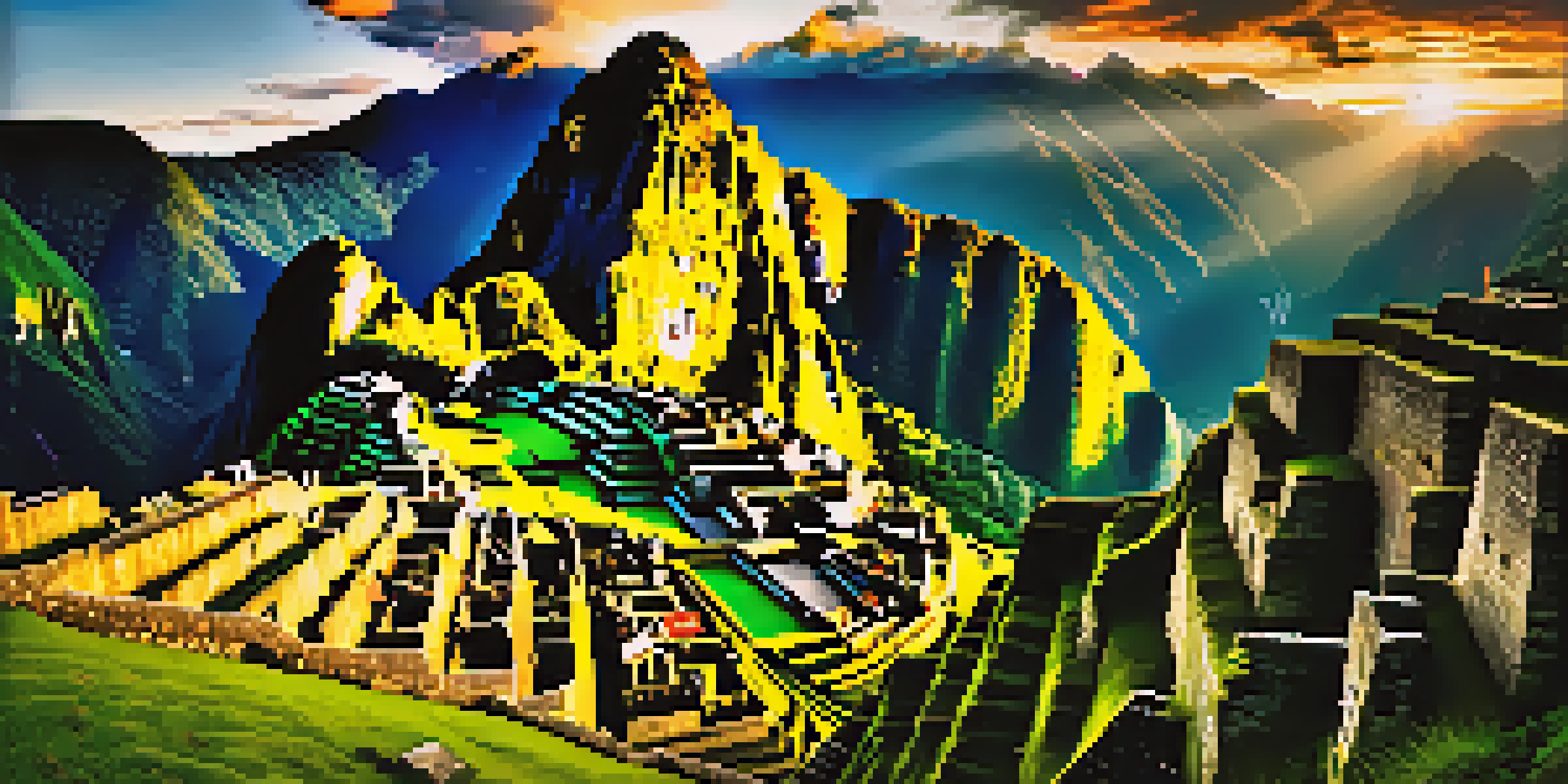 A breathtaking view of the ancient ruins of Machu Picchu bathed in golden sunlight during sunrise, surrounded by lush green mountains.