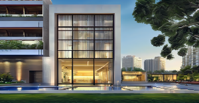 A modern building in Lima, Peru, blending traditional Peruvian architectural elements with contemporary design, surrounded by greenery under warm sunlight.