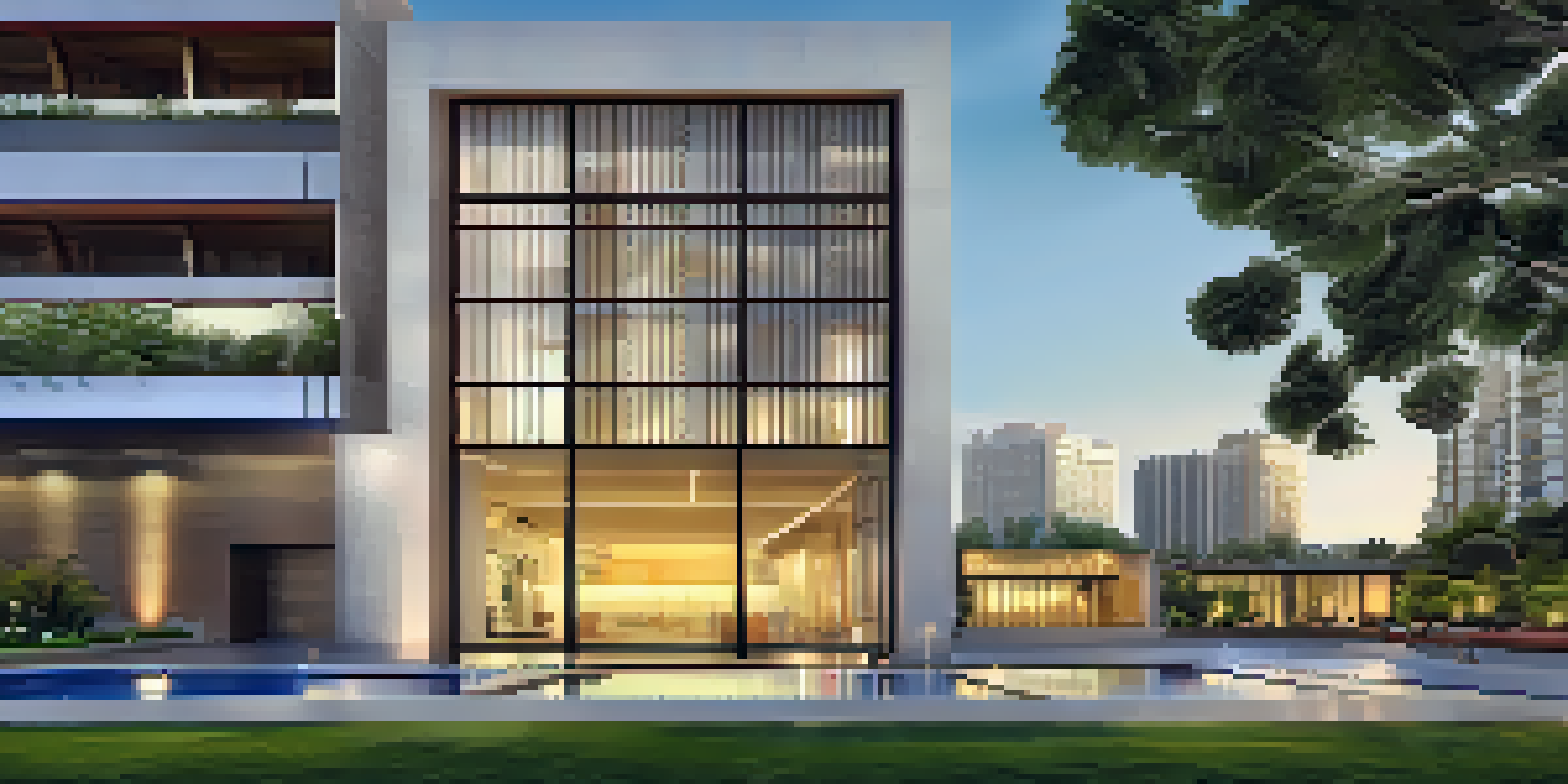 A modern building in Lima, Peru, blending traditional Peruvian architectural elements with contemporary design, surrounded by greenery under warm sunlight.