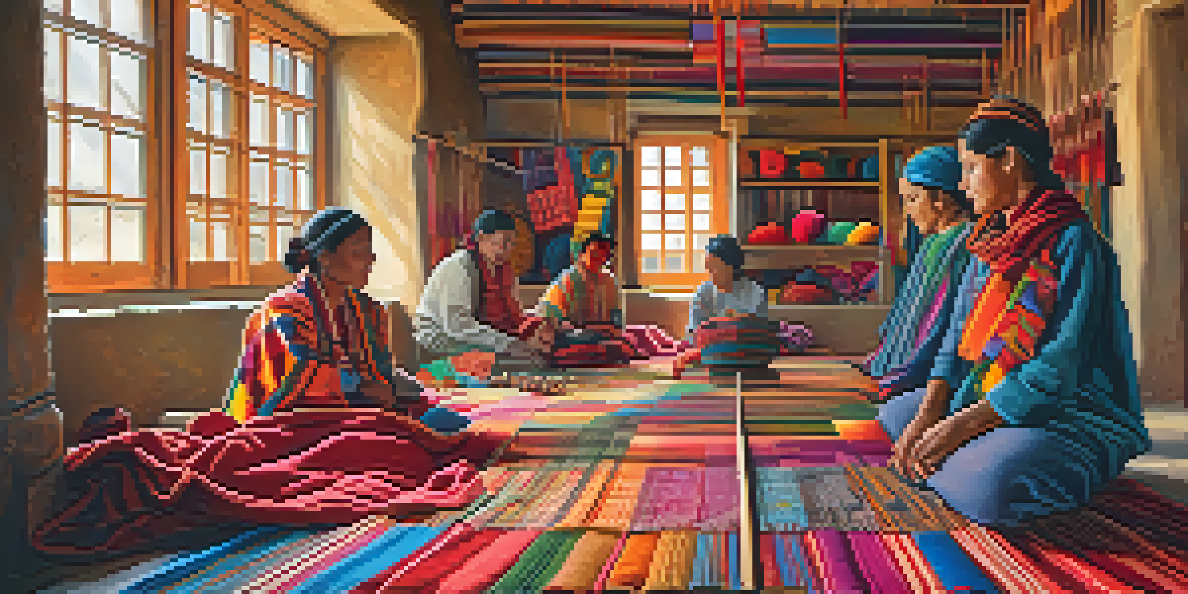 An artisan weaving on a backstrap loom, surrounded by colorful textiles and spools of yarn in a sunlit room.