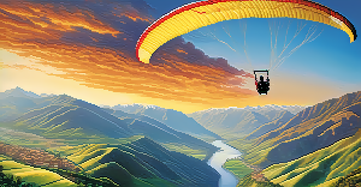 A paraglider soaring over the Sacred Valley with mountains and rivers below.