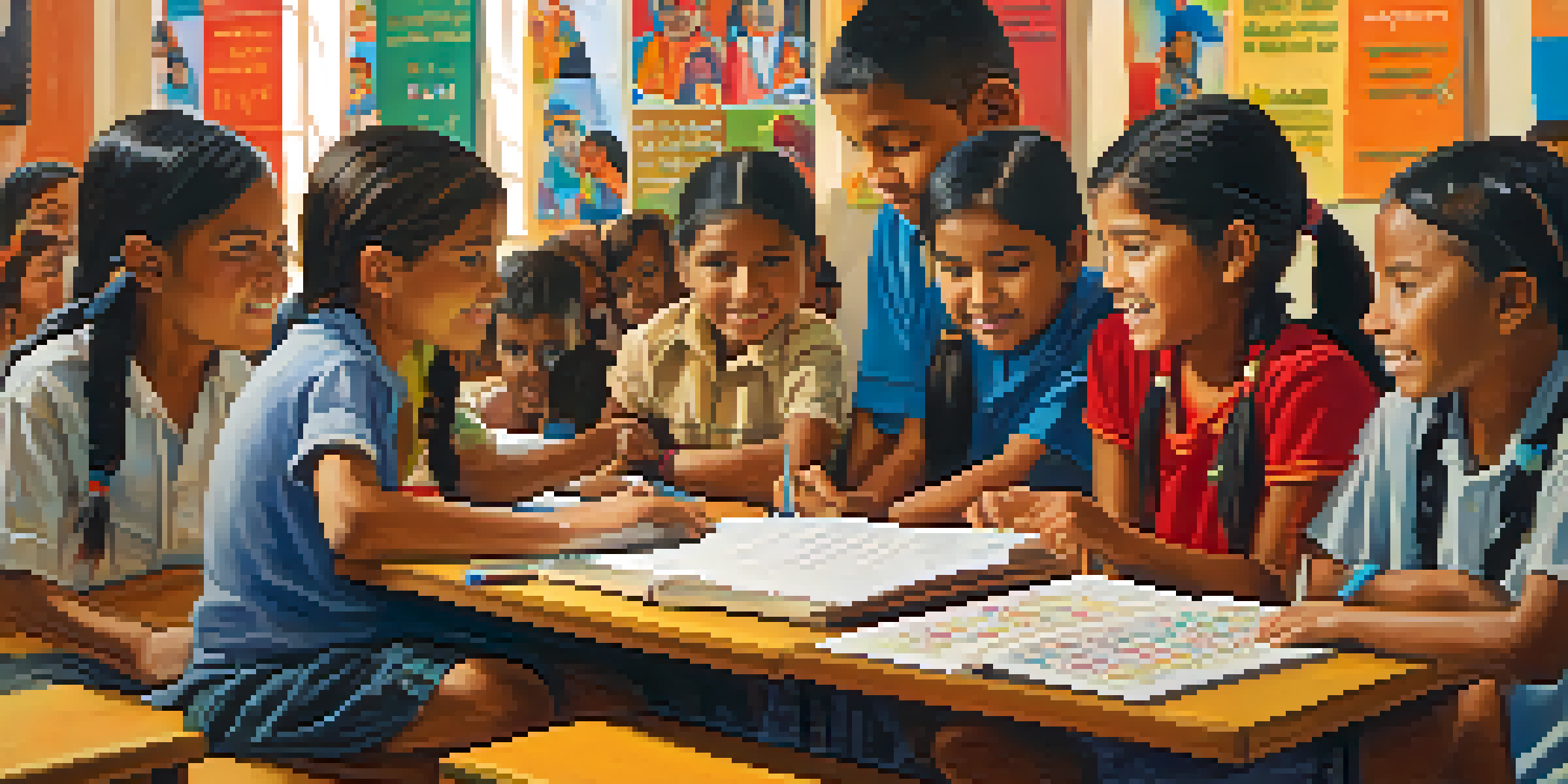 Indigenous children in a bright classroom learning their native language, surrounded by colorful educational materials.