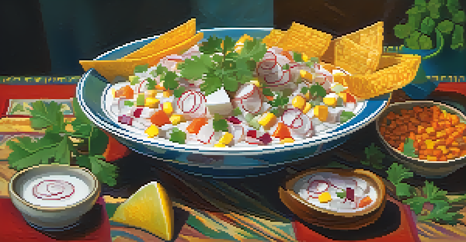 A beautifully plated ceviche with garnishes, served on an elegant table setting, illuminated by natural light.