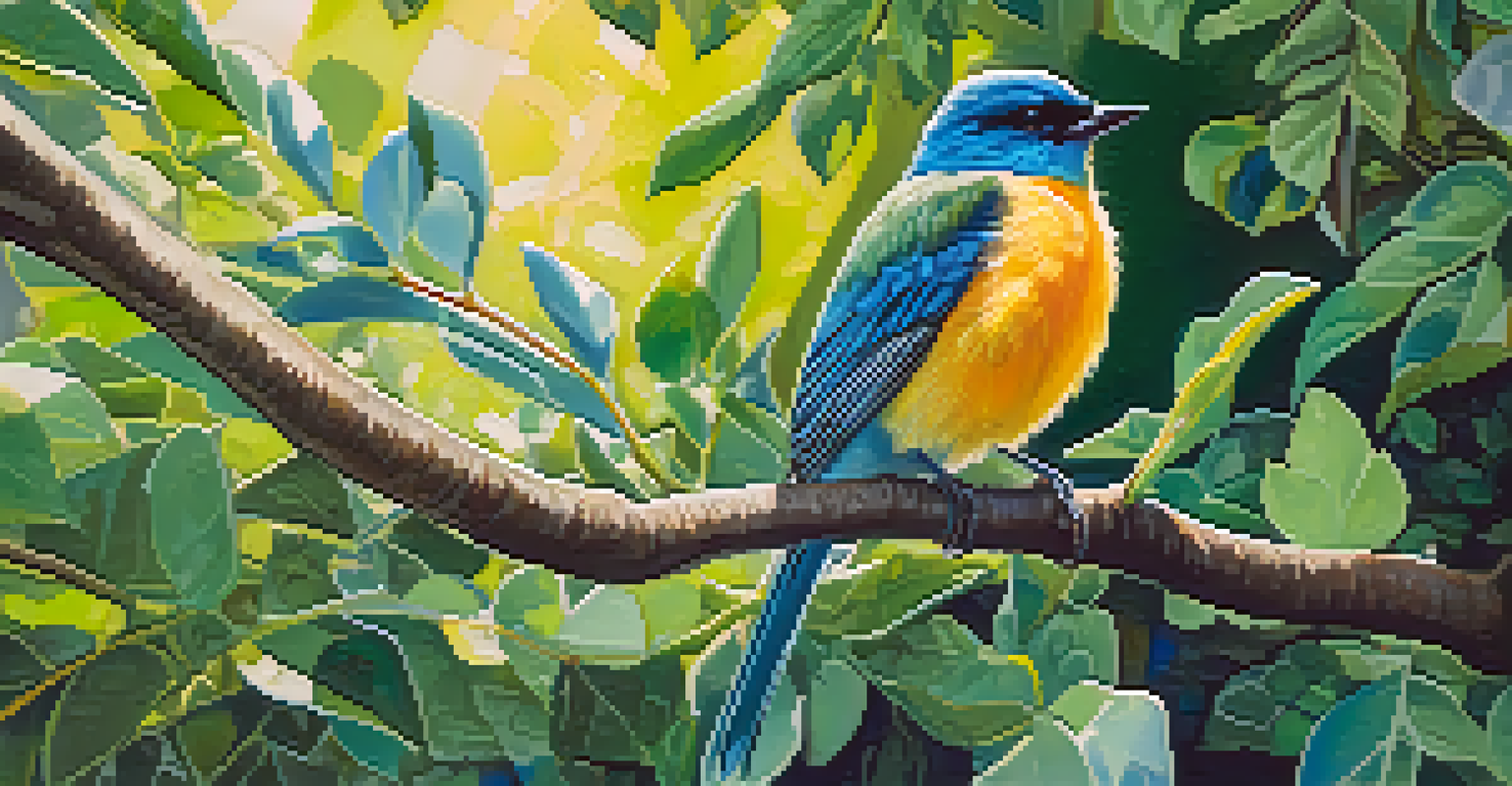A colorful bird perched on a branch in green foliage, with sunlight filtering through the leaves.