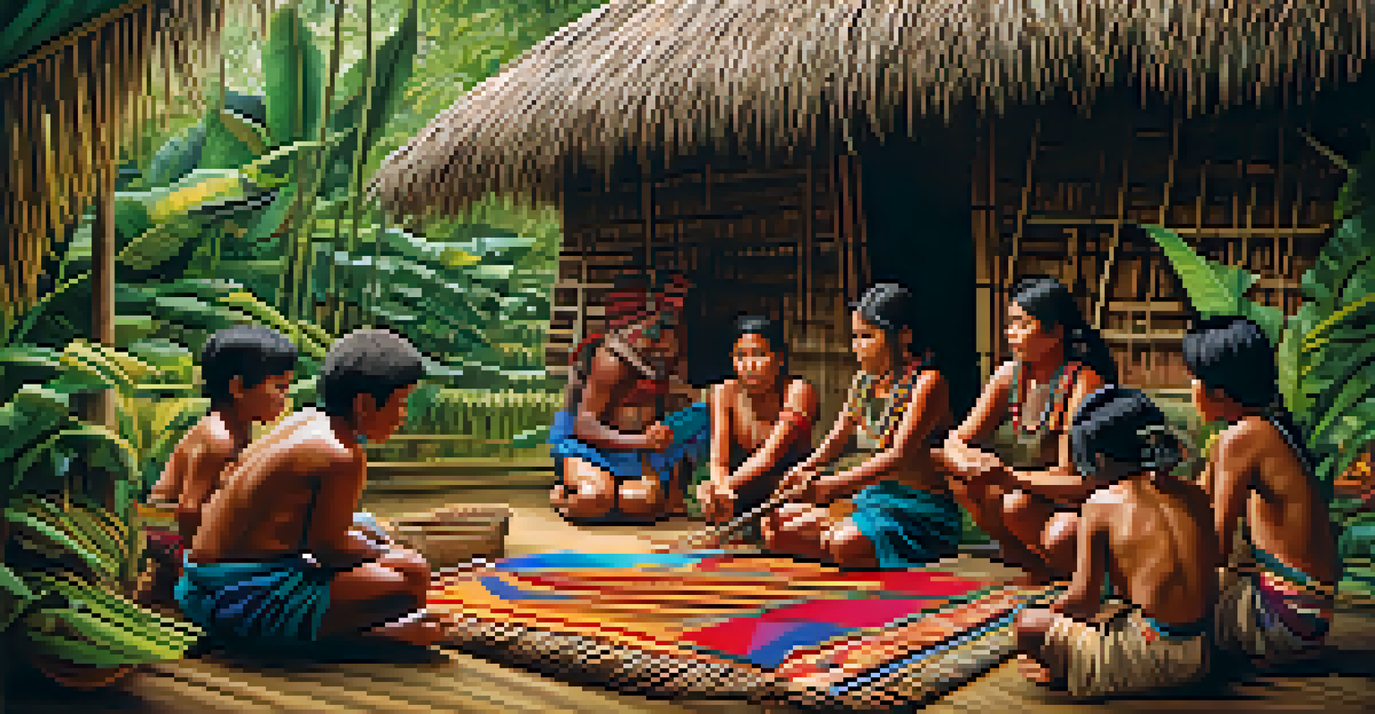 A close-up view of indigenous artisans in the Amazon crafting textiles in a traditional setting.