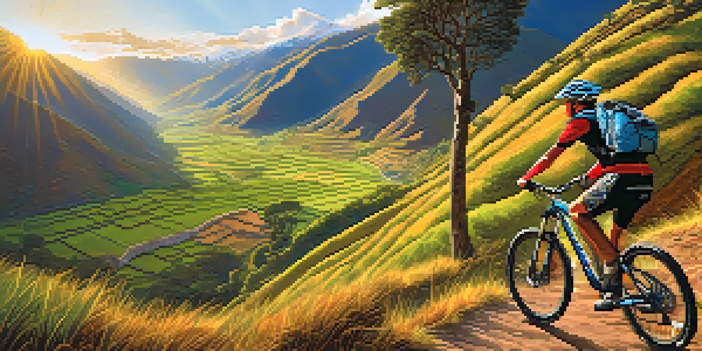 A mountain biker riding through the Sacred Valley in Peru, with green valleys and ancient ruins visible in the background under a clear sky.