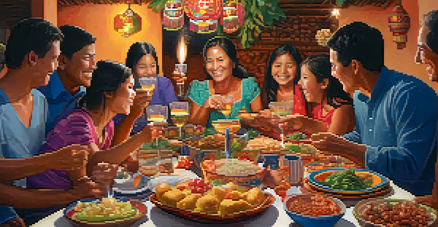 A family celebrating New Year's Eve in Peru, gathered around a table with traditional dishes, toasting as fireworks illuminate the night sky.