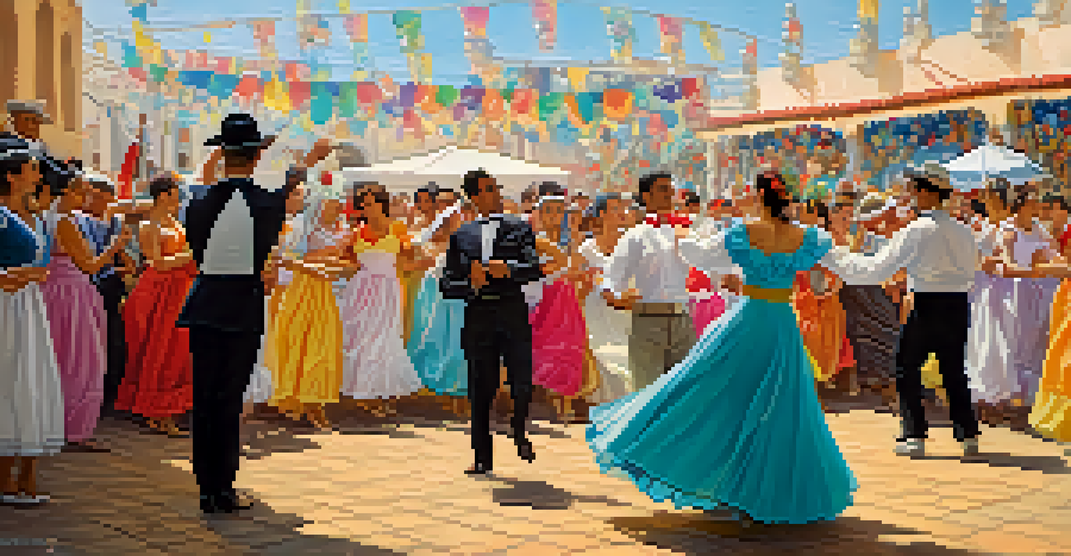 Dancers performing the Marinera dance in traditional attire at the Marinera Festival in Trujillo.