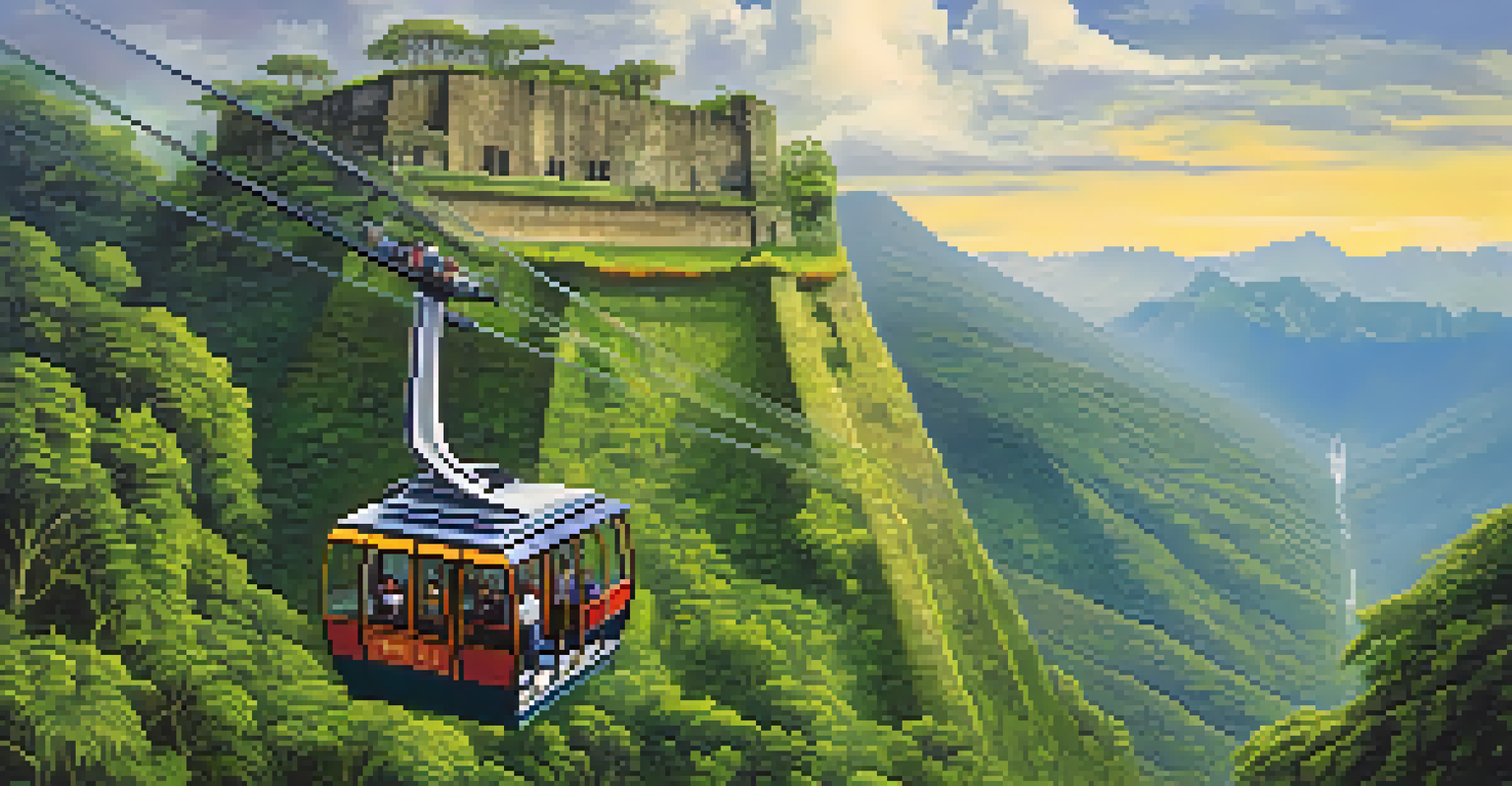 A cable car approaching the Kuelap fortress, surrounded by a lush cloud forest and majestic mountains in the background.