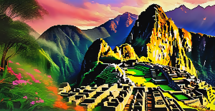 A stunning sunrise view of Machu Picchu, with mist enveloping the ancient ruins and lush mountains in the background.