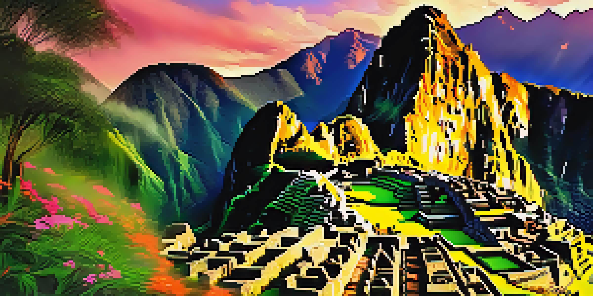 A stunning sunrise view of Machu Picchu, with mist enveloping the ancient ruins and lush mountains in the background.
