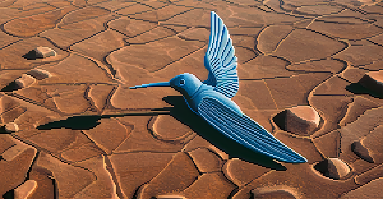 A close-up view of a hummingbird geoglyph from the Nazca Lines, surrounded by a desert landscape.