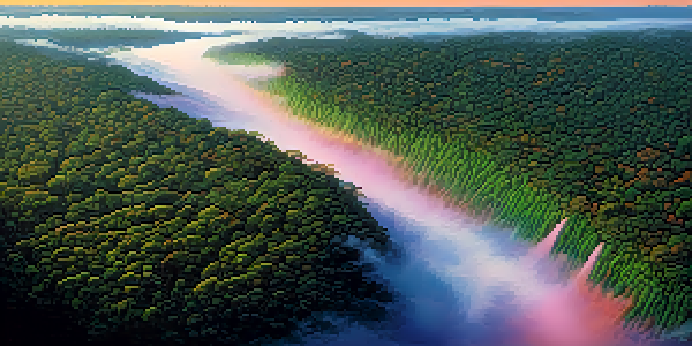 Aerial view of the Amazon rainforest at sunrise with mist and colorful sky.
