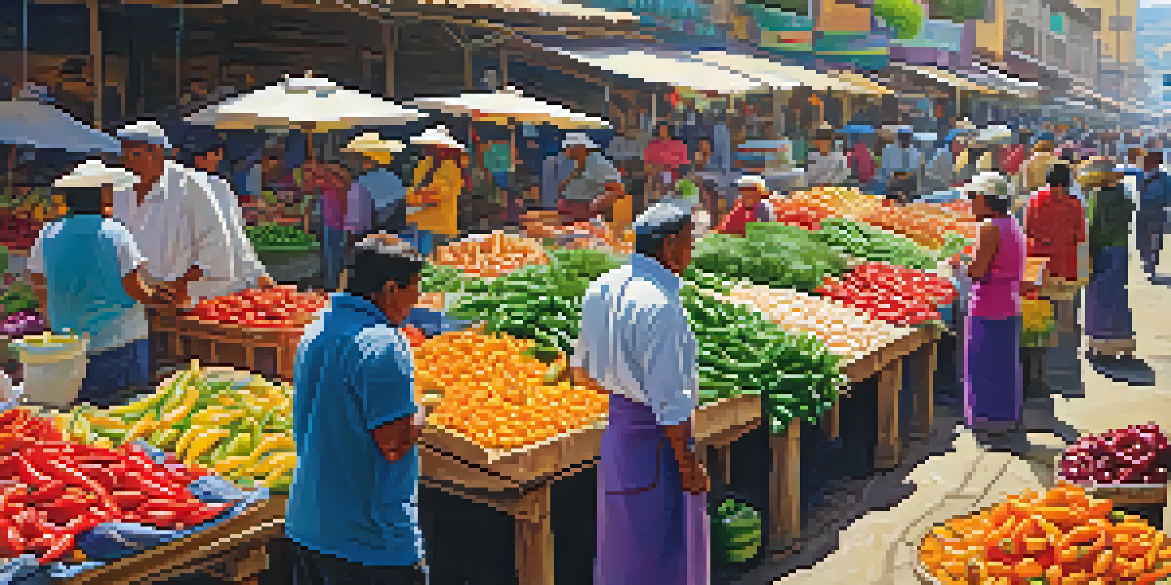 A lively outdoor market in Peru filled with colorful fresh produce and seafood, with vendors in traditional clothing.