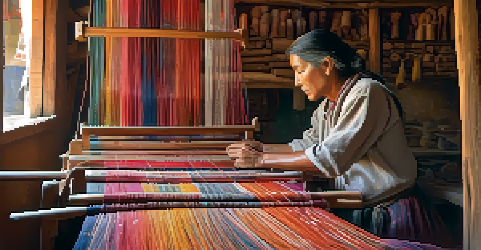 An Andean artisan weaving textiles in a workshop, surrounded by colorful threads and textiles, illuminated by warm sunlight.
