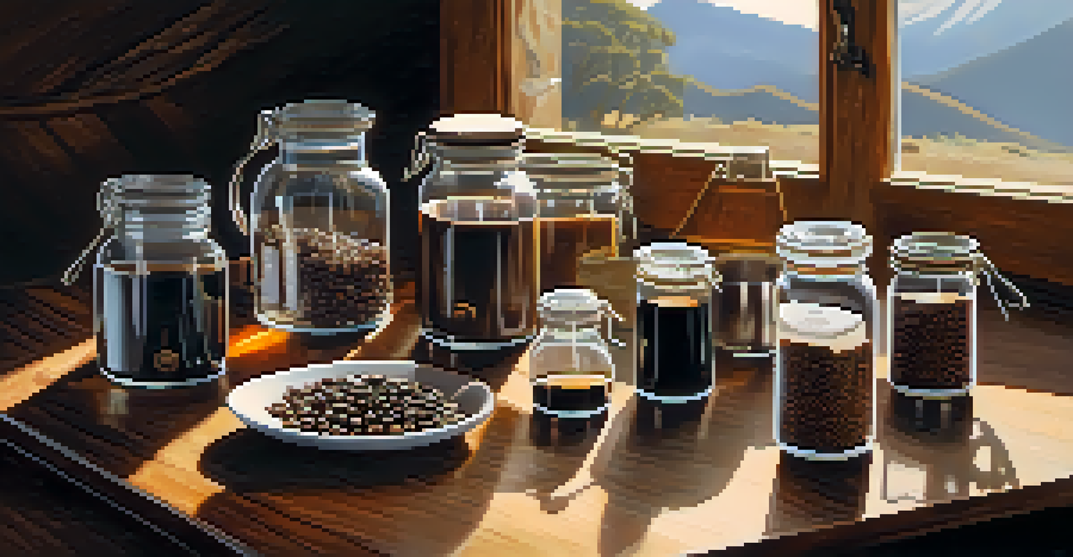 A coffee tasting setup with jars of high-altitude Peruvian coffee beans, a steaming cup of coffee, and tasting notes on a rustic table.