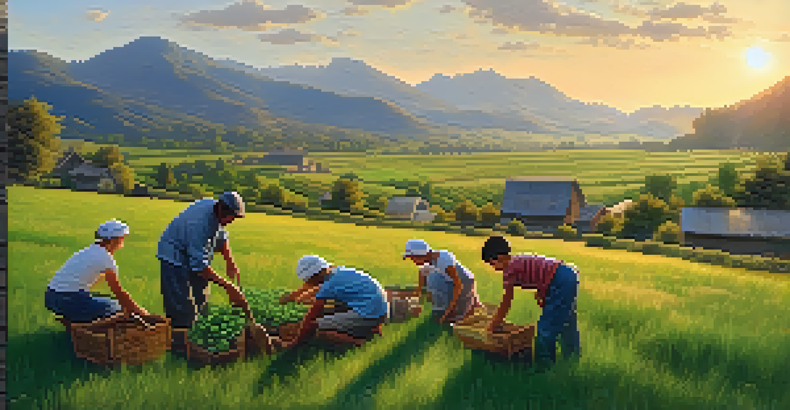 An extended family working together in a green field, planting crops during sunset, with mountains in the background.