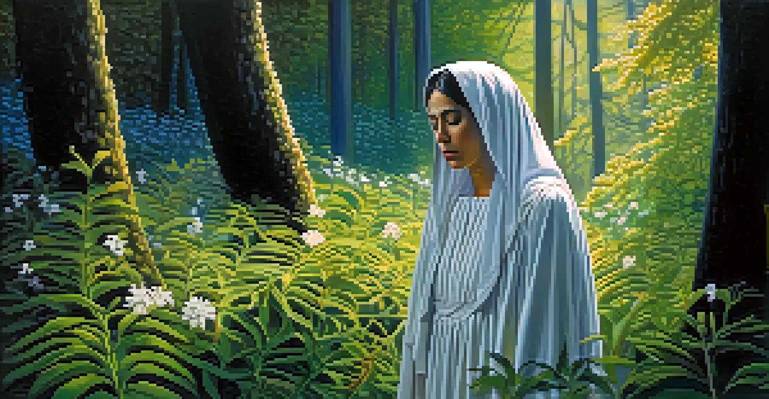 La Llorona, a ghostly figure, weeps in a dense forest surrounded by trees and flowers, with sunlight filtering through the leaves.