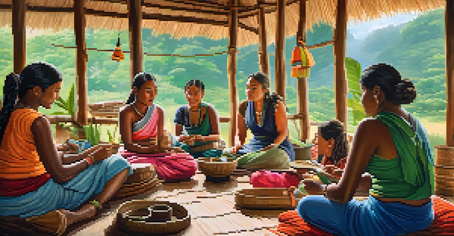 Travelers learning traditional crafts from local artisans at an eco-lodge, surrounded by colorful handmade items.