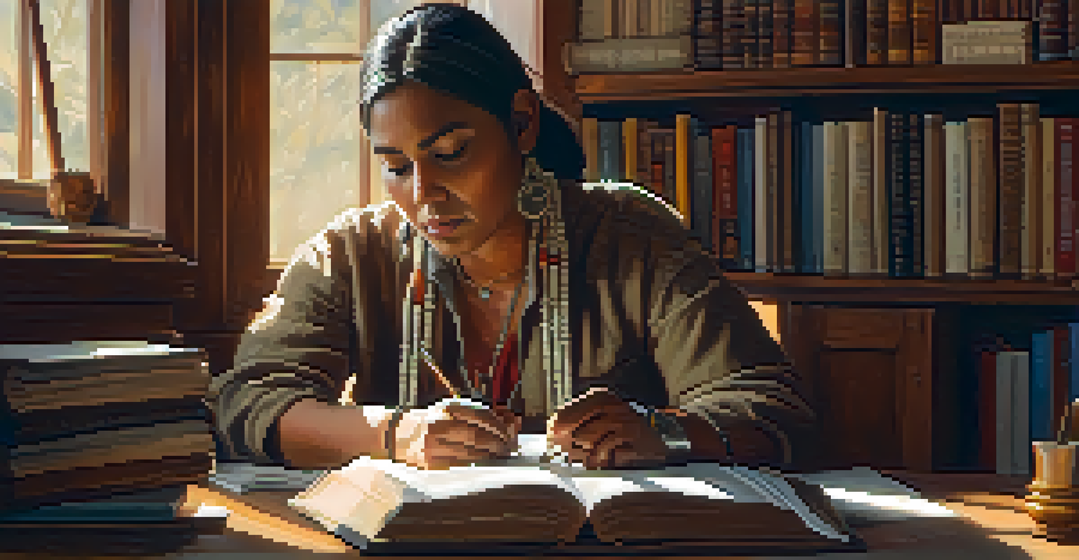 An Indigenous author writing at a desk surrounded by books and traditional artifacts.