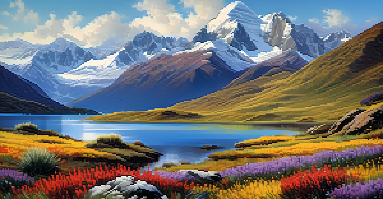 The Andean mountains with a highland lake and colorful wildflowers in the foreground during the morning.