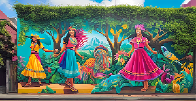 A colorful street mural in Lima, Peru, showcasing whimsical characters inspired by folklore, set against a backdrop of greenery and urban life.