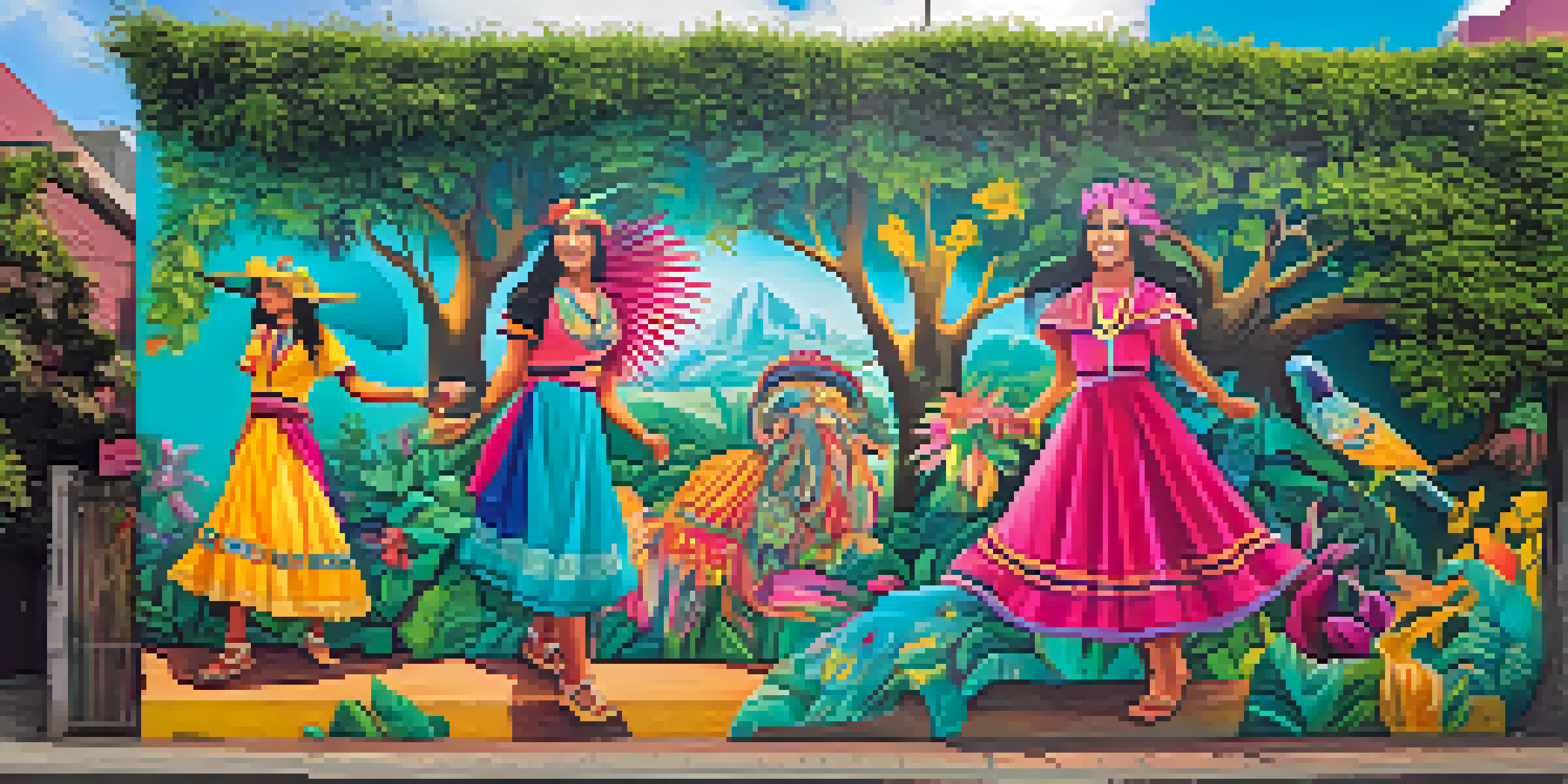 A colorful street mural in Lima, Peru, showcasing whimsical characters inspired by folklore, set against a backdrop of greenery and urban life.