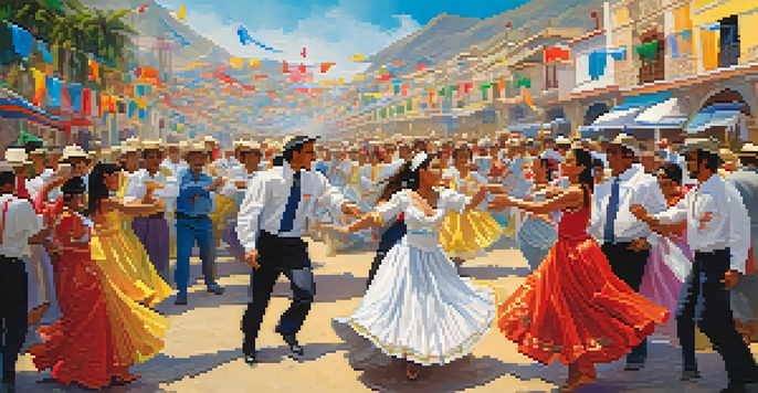 Dancers performing the Marinera dance in traditional attire at a festival in coastal Peru, with a lively crowd in the background.