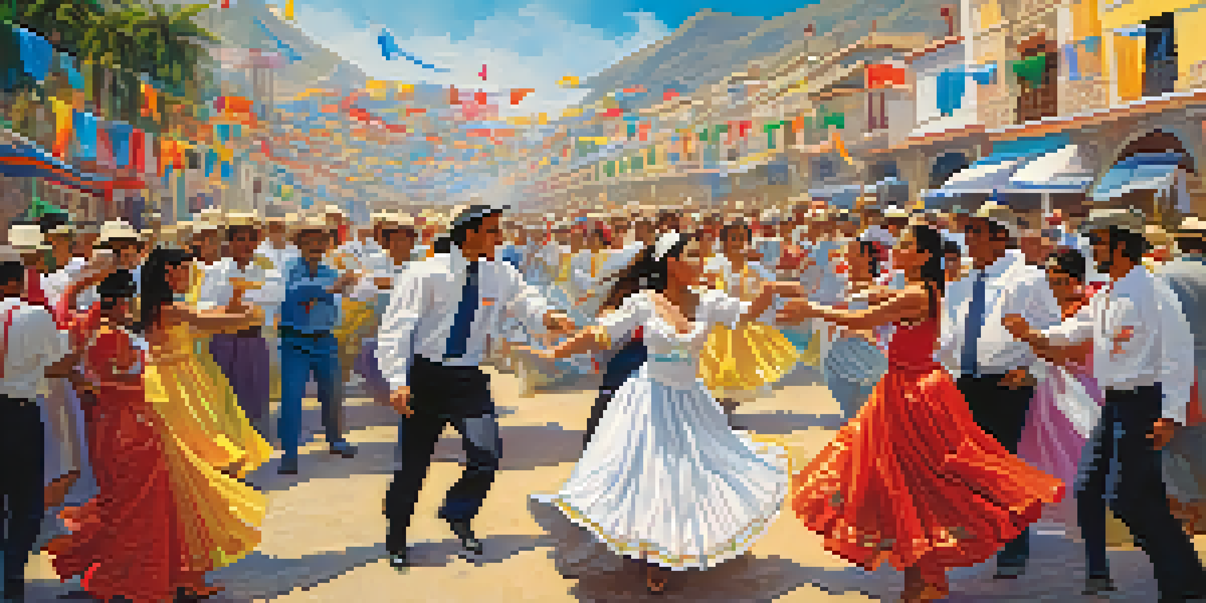 Dancers performing the Marinera dance in traditional attire at a festival in coastal Peru, with a lively crowd in the background.