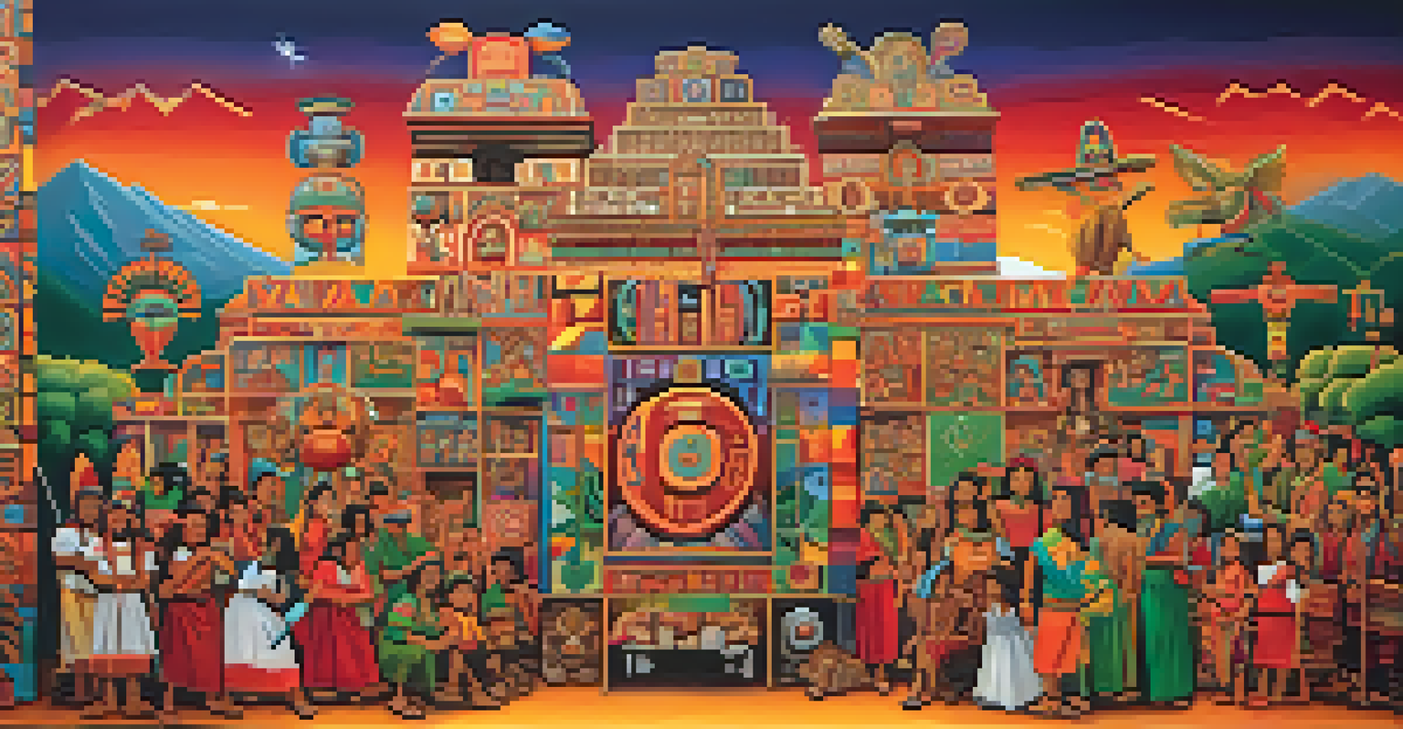 A large mural blending pop culture and traditional Peruvian themes, featuring playful characters and Incan symbols in vibrant colors.