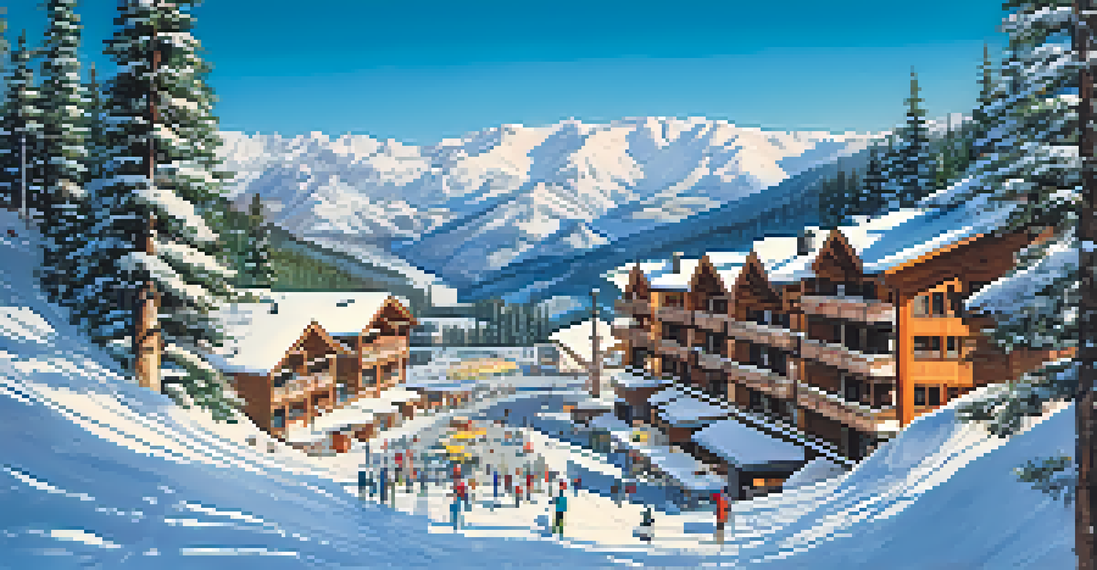 An aerial view of a snowy ski resort with skiers and cozy lodges among pine trees.