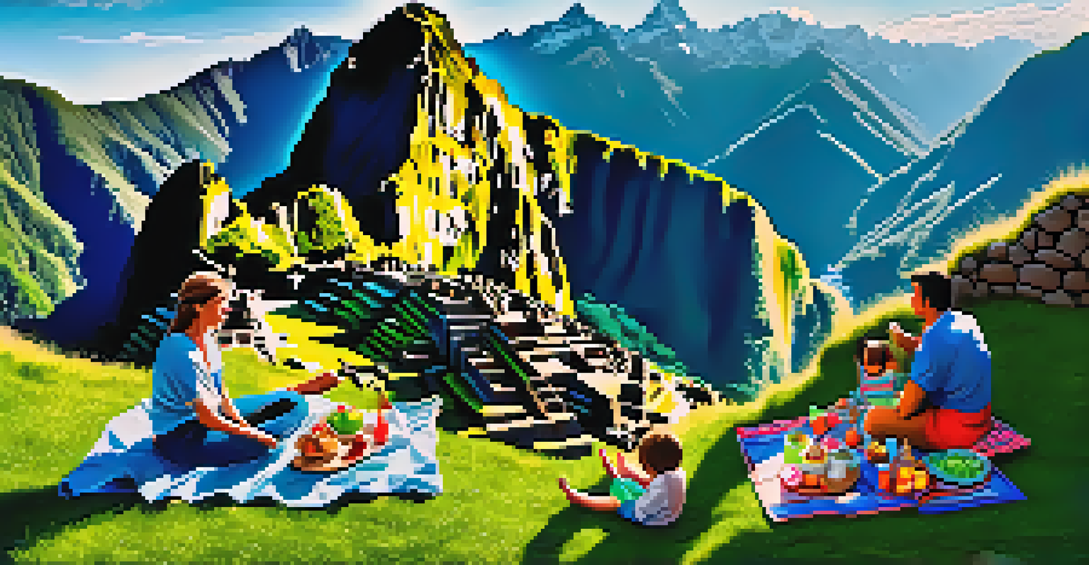 A family having a picnic near Machu Picchu, with the ruins and mountains in the background.