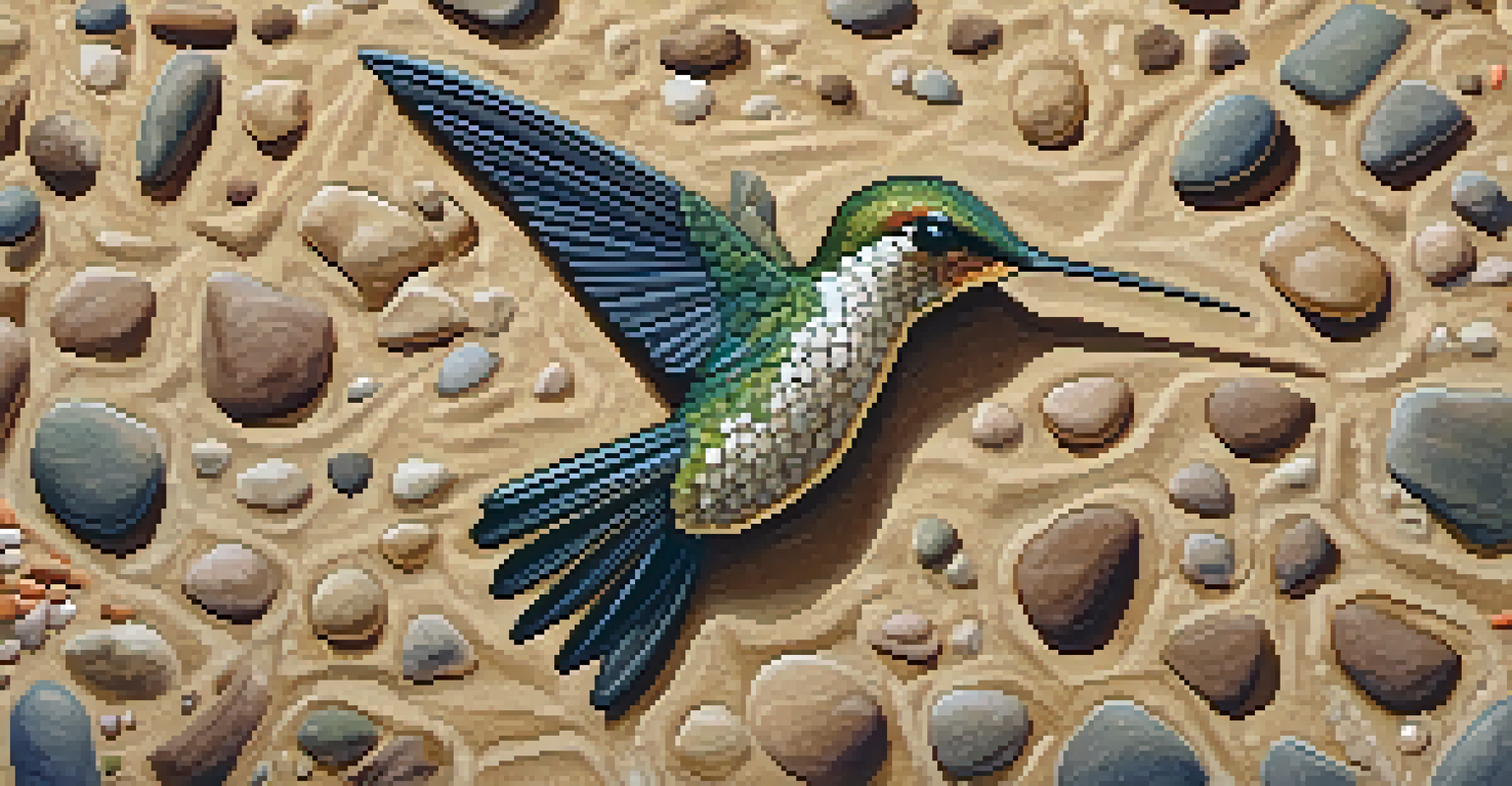 Close-up view of a Nazca geoglyph of a hummingbird, focusing on its details and the surrounding desert.