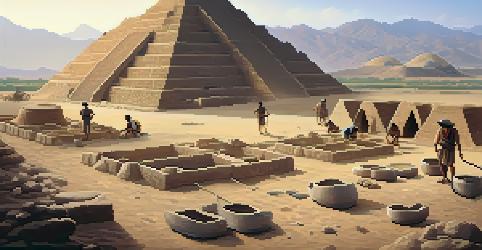 Archaeologists excavating at Caral, surrounded by ancient pottery and structures in a soft morning light.