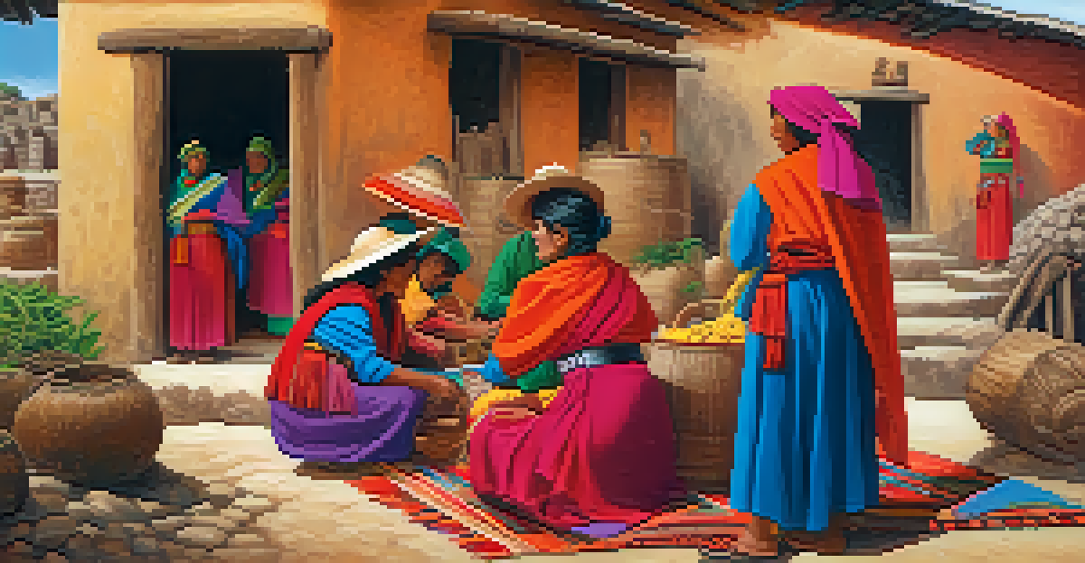Mama Ocllo teaching women in an Inca village, surrounded by textiles and agriculture.