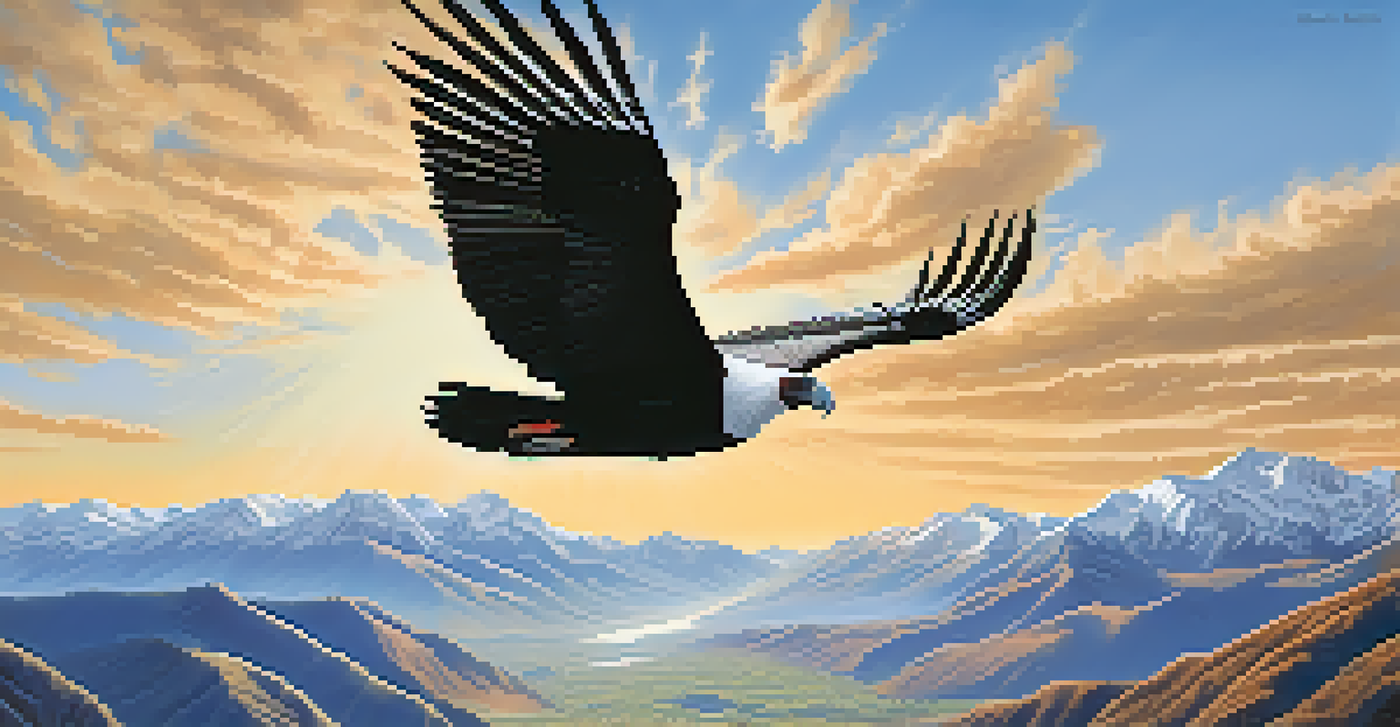An Andean condor flying above the Andes Mountains with clear skies and rugged peaks.