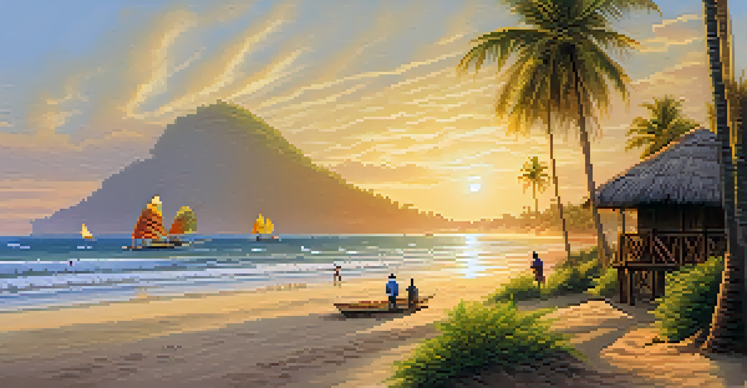 A scenic view of Vichayito Beach with fishing huts and fishermen casting nets, surrounded by palm trees and golden sunlight.