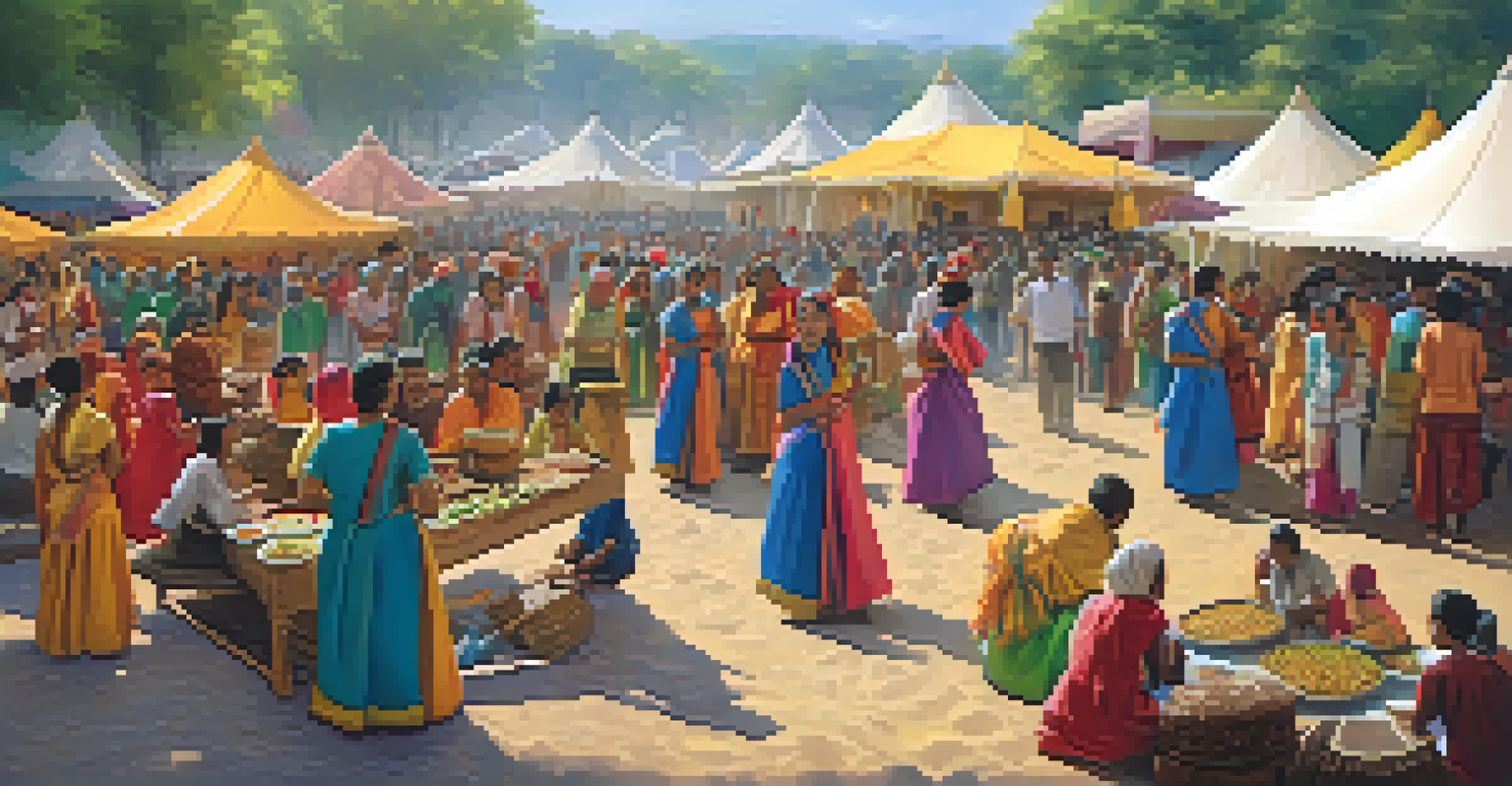 A lively cultural festival showcasing diverse traditions, crafts, and foods, with people dancing and enjoying the event.