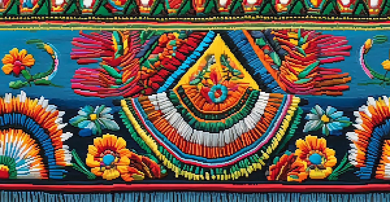 A close-up view of a traditional Peruvian dance costume featuring intricate embroidery and vibrant colors, showcasing motifs of local flora and fauna, illuminated by soft natural light.