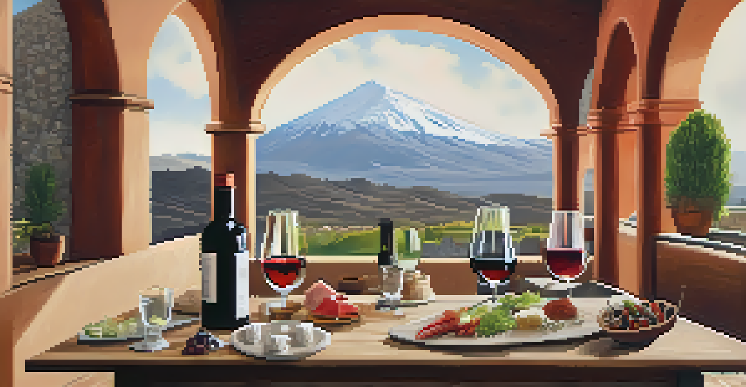 A wine tasting table in a winery in Arequipa, Peru, featuring glasses of wine and local dishes.