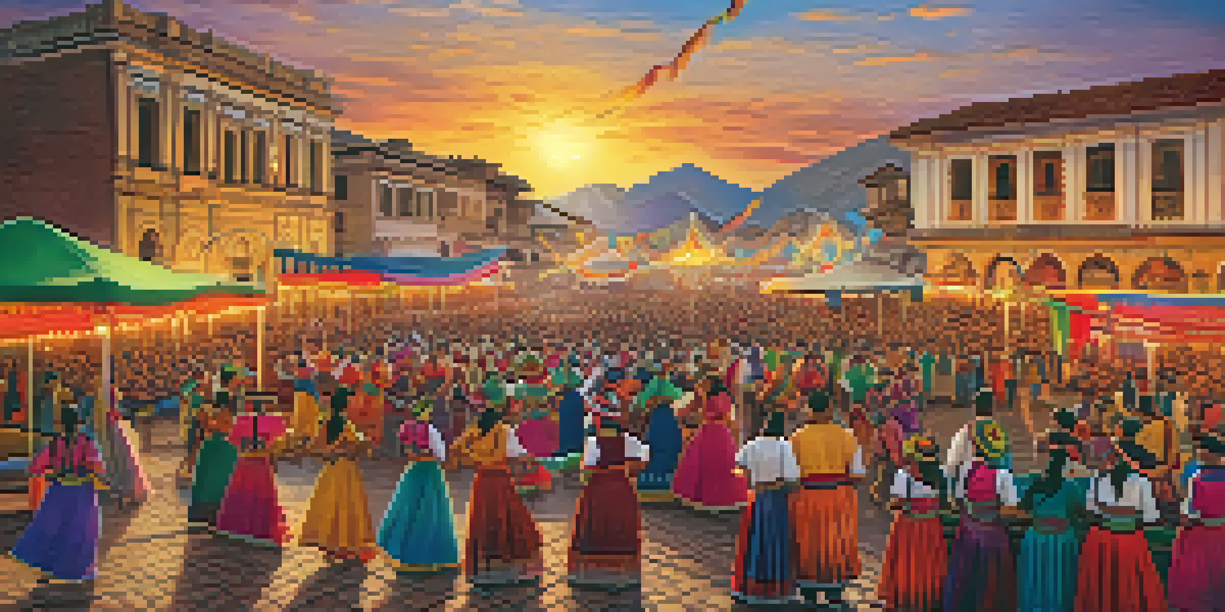 A lively Peruvian festival with dancers in colorful costumes and local artisans displaying crafts, set against a sunset backdrop.