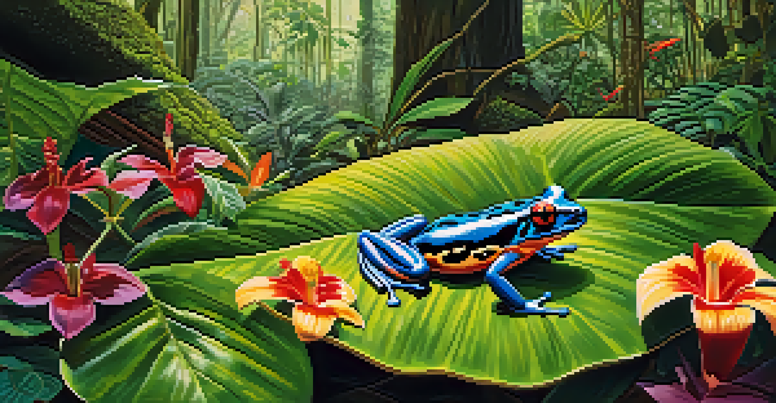 A colorful rainforest scene featuring a poison dart frog on a leaf, surrounded by lush vegetation and sunlight filtering through the trees.