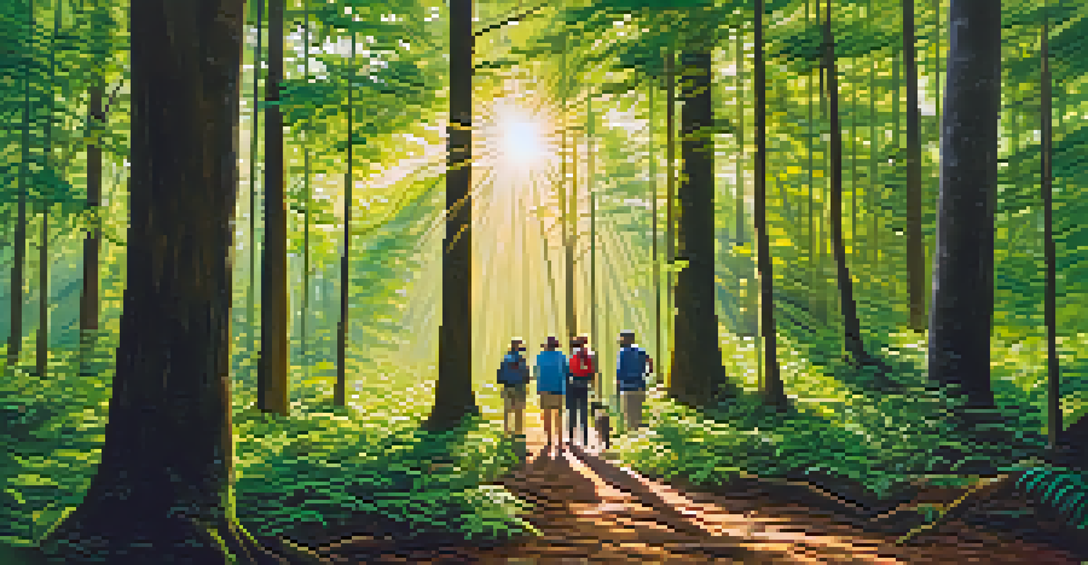 Tourists on a guided nature walk in a lush forest, with sunlight filtering through the trees, led by a local guide.