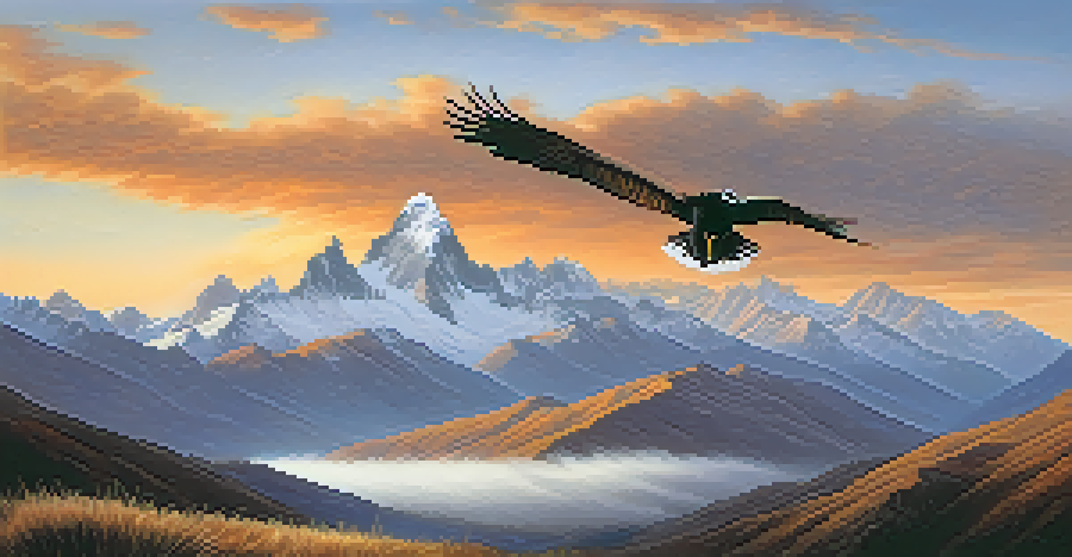 A breathtaking view of the Andes mountains at sunrise, featuring mist and a condor flying in the sky.