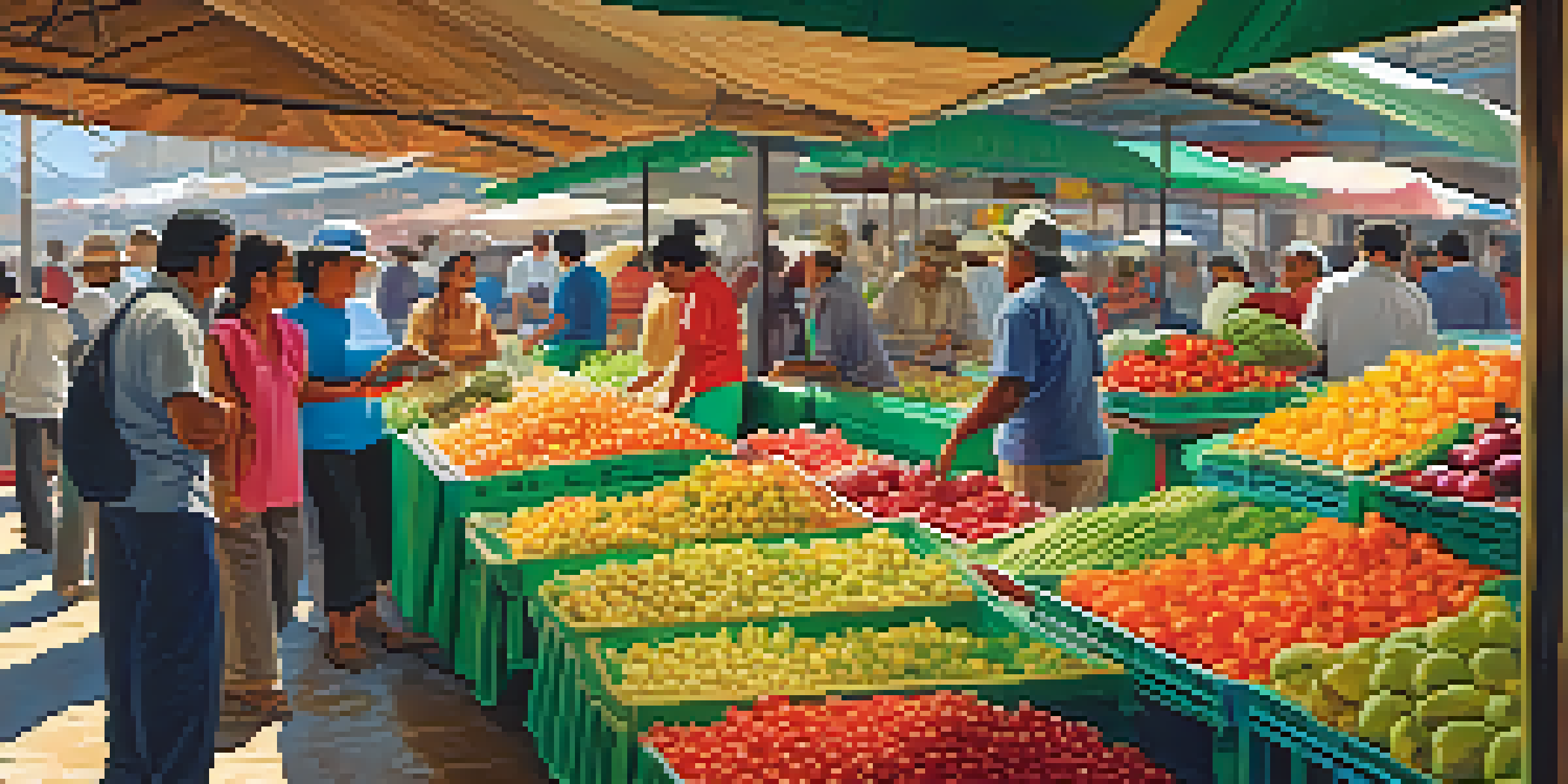 A bustling market scene in Trujillo with colorful stalls filled with fresh fruits and vegetables, vendors shouting prices, and sunlight filtering through the awning.