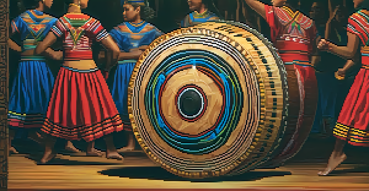 A close-up of a beautifully carved traditional hand drum used in dance, with warm lighting and blurred dancers performing in the background.